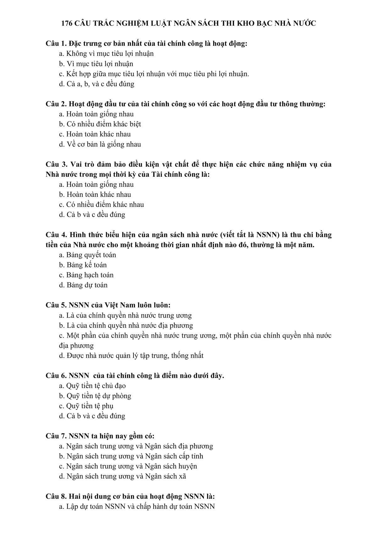 176 câu trắc nghiệm Luật NSNN thi Kho bạc