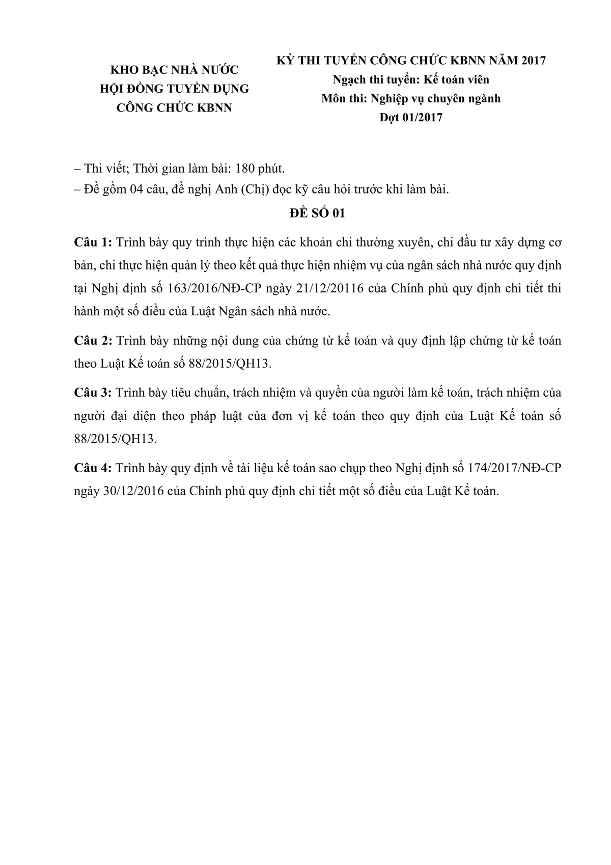Đề thi KBNN - Kiến thức chung & nghiệp vụ - Đợt 1 2017