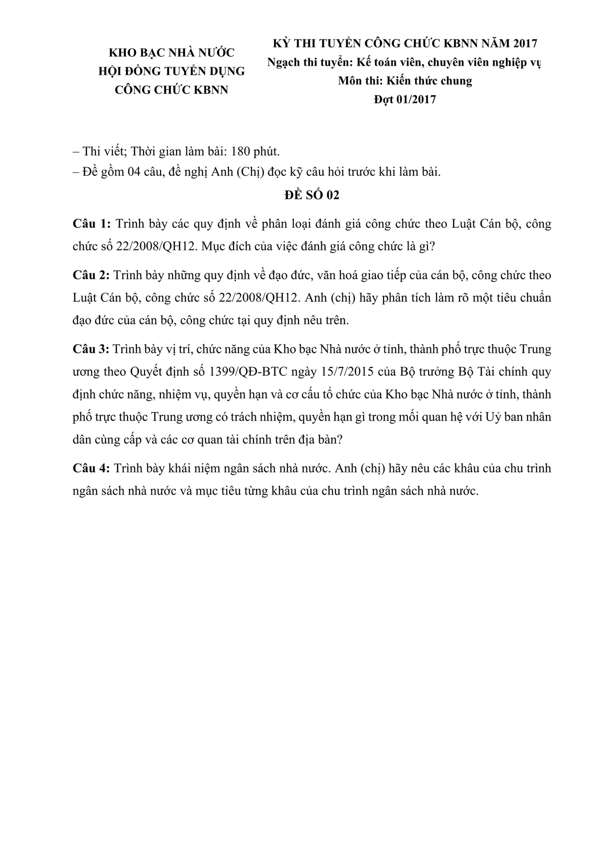 Đề thi KBNN - Kiến thức chung & nghiệp vụ - Đợt 1 2017