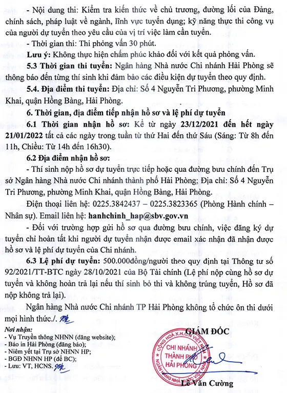 Ngân hàng nhà nước Việt Nam chi nhánh TP. Hải Phòng tuyển dụng công chức loại D…