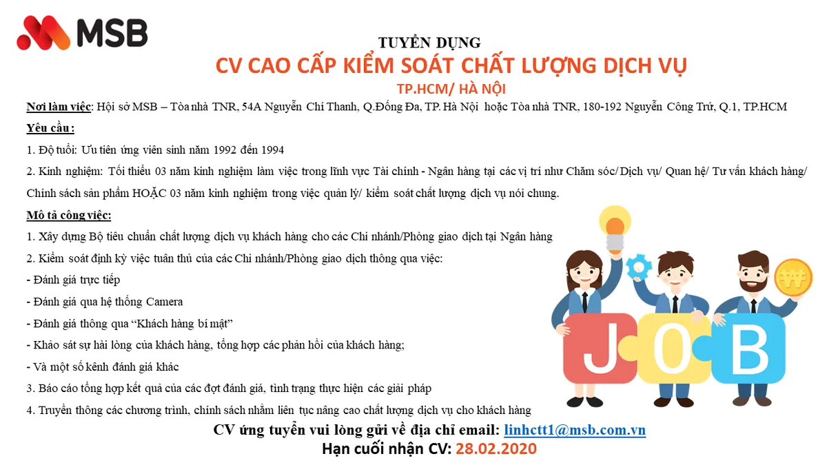 Ảnh minh họa – Ngân hàng TMCP Hàng hải Việt Nam (MSB) Thông báo Tuyển dụng Chuyên viên cao cấp Kiểm soát Chất lượng Dịch vụ tại Hà Nội, Hồ Chí Minh [28.02]