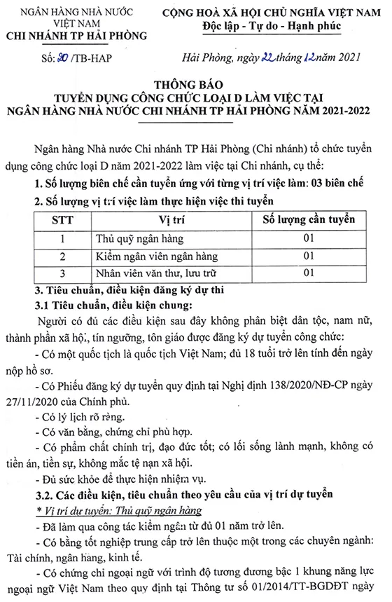 Ngân hàng nhà nước Việt Nam chi nhánh TP. Hải Phòng tuyển dụng công chức loại D…