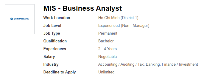 Ảnh minh họa – Ngân hàng TNHH MTV Shinhan Việt Nam Thông báo Tuyển dụng MIS - Business Analyst