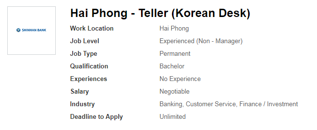 Ảnh minh họa – Ngân hàng TNHH MTV Shinhan Việt Nam Thông báo Tuyển dụng Teller (Korean Desk) tại Hải Phòng