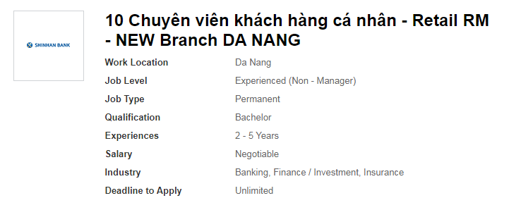Ảnh minh họa – Ngân hàng TNHH MTV Shinhan Việt Nam Thông báo Tuyển dụng 10 Chuyên viên khách hàng cá nhân - Retail RM tại Đà Nẵng