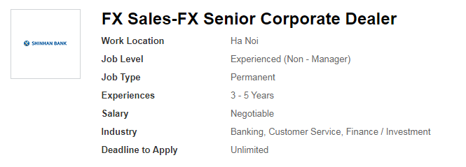 Ảnh minh họa – Ngân hàng TNHH MTV Shinhan Việt Nam Thông báo Tuyển dụng FX Sales - FX Senior Corporate Dealer tại Hà Nội