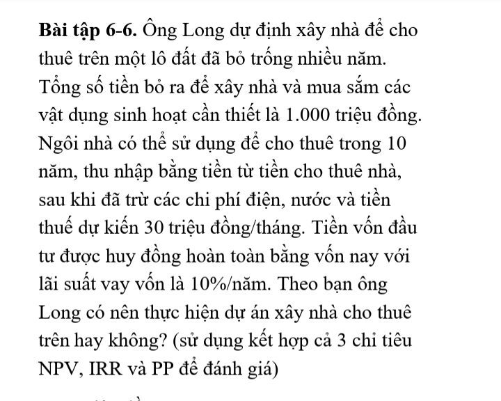 Ảnh minh họa – Bài tập tính NPV, IRR