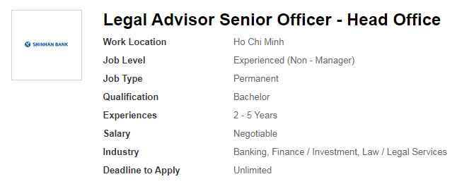 Ảnh minh họa – Ngân hàng TNHH MTV Shinhan Việt Nam - Hội sở Thông báo Tuyển dụng Legal Advisor Senior Officer