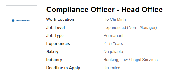 Ảnh minh họa – Ngân hàng TNHH MTV Shinhan Việt Nam - Hội sở Thông báo Tuyển dụng Compliance Officer